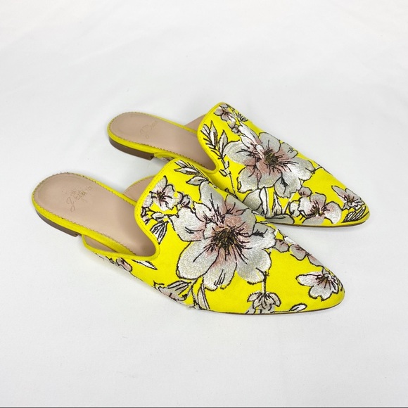 J. Crew Shoes - J. Crew Floral Embroidered Pointed Toe Mules Slides Yellow Gray Pink Size 7.5
